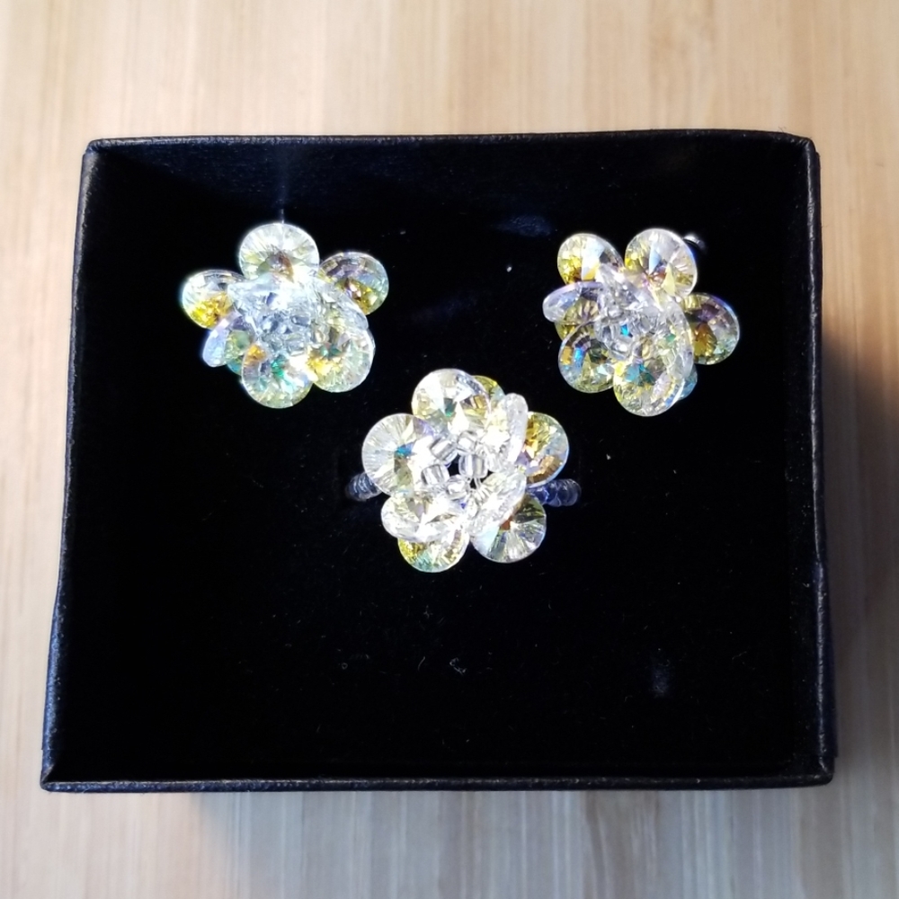Iridescent beaded stud earrings and ring